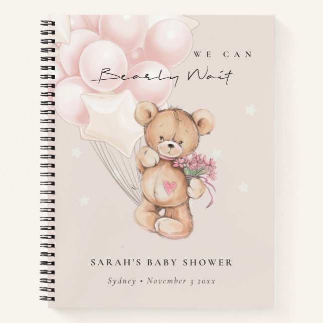 Niedlich Blush Bearly Wait Bear Balloon Babydusche Notizbuch (Vorderseite)