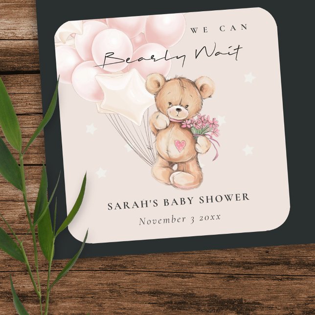 Niedlich Blush Bearly Wait Bear Balloon Babydusche Quadratischer Aufkleber (Von Creator hochgeladen)