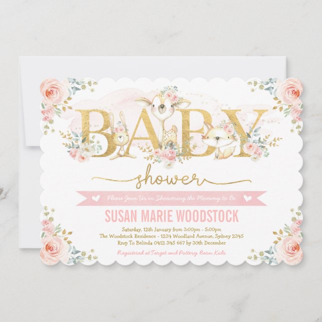 Niedlich Blush Blumenwald Girl Babydusche Einladung (Vorderseite)