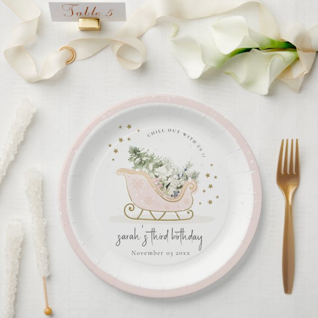 Niedlich Blush Golden Winter Schlitten jeden Gebur Pappteller (Hochzeit)