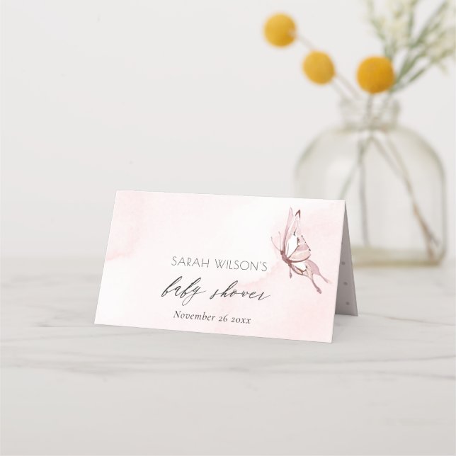 Niedlich Blush Pink Aquarell Butterfly Babydusche Platzkarte (Vorderseite)