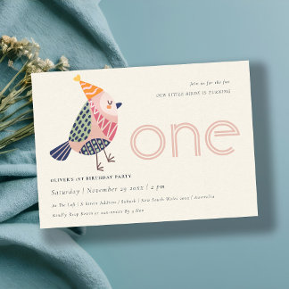 Niedlich Blush Pink Birdie jedes Alter 1. Geburtst Einladung