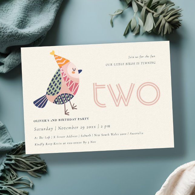 Niedlich Blush Pink Birdie Jedes Alter 2. Geburtst Dankeskarte (Von Creator hochgeladen)