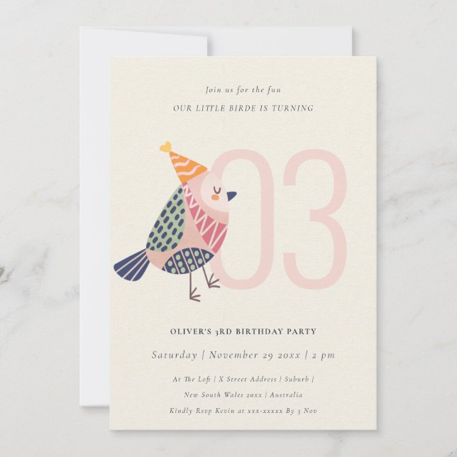 Niedlich Blush Pink Birdie jedes Alter 3. Geburtst Einladung (Vorderseite)