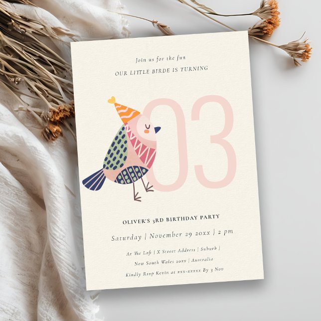 Niedlich Blush Pink Birdie jedes Alter 3. Geburtst Einladung (Von Creator hochgeladen)