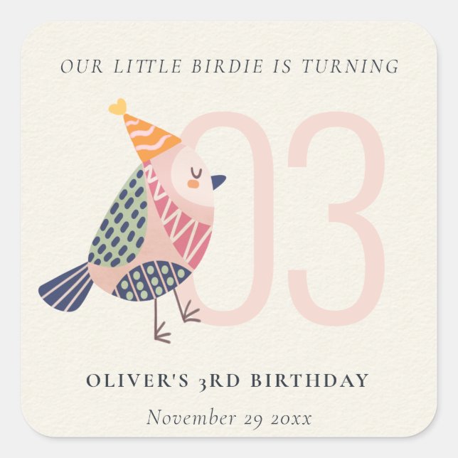 Niedlich Blush Pink Boho Birdie jedes Alter Geburt Quadratischer Aufkleber (Vorderseite)