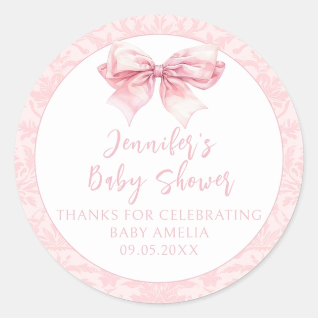 Niedlich Blush Pink Bow Damask Kinderdusche Runder Aufkleber (Vorderseite)