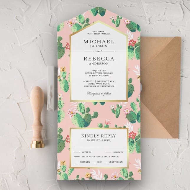 Niedlich Blush Pink Cactus Floral Wedding All In One Einladung (Von Creator hochgeladen)