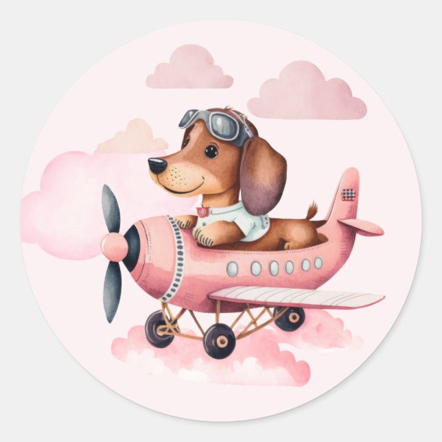 Niedlich Blush Pink Dackel Flugzeug Girl Babydusch Runder Aufkleber (Vorderseite)