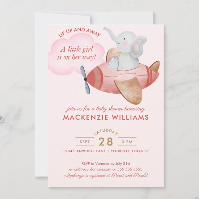 Niedlich Blush Pink Elephant Flugzeug Baby Shower  Einladung (Vorderseite)