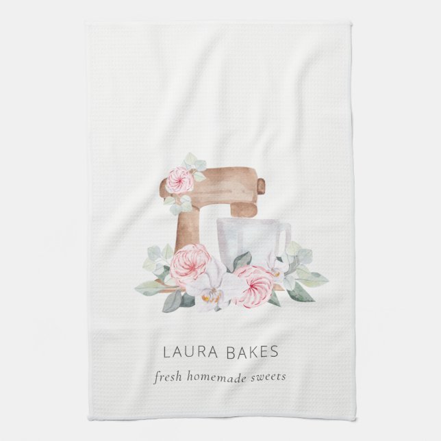 Niedlich Blush Pink Floral Cake Mixer Bäckerei Cat Geschirrtuch (Vertikal)