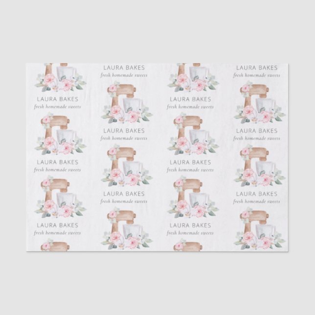 Niedlich Blush Pink Floral Cake Mixer Bäckerei Cat Seidenpapier (Vorderseite)