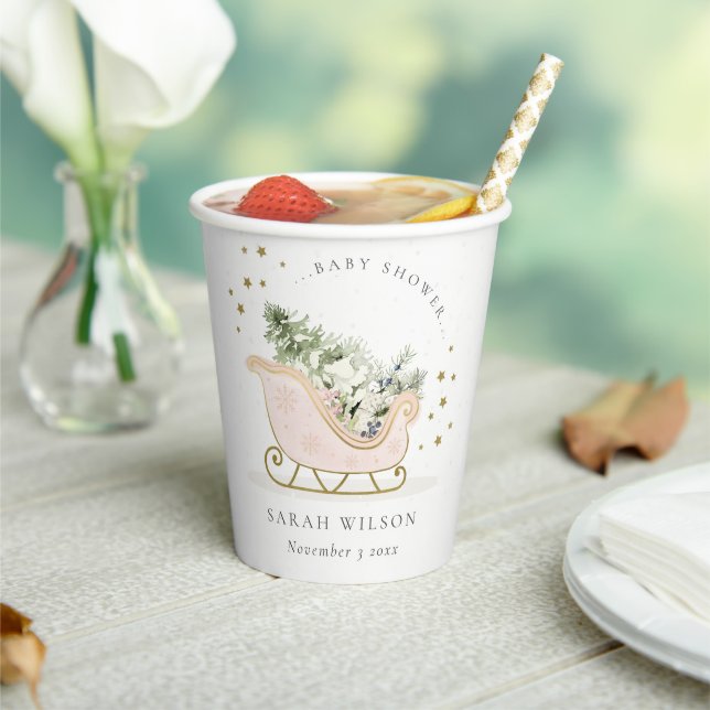 Niedlich Blush Pink Gold Winter Schlitten Baby Dus Pappbecher (In Situ)