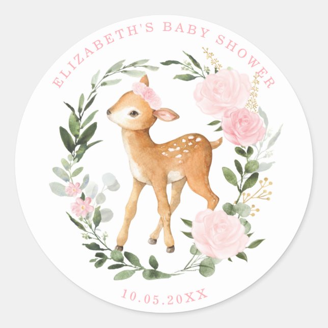Niedlich Blush Rose Grüne Waldland Hirschtier Baby Runder Aufkleber (Vorderseite)