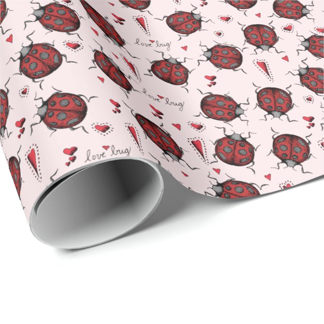 Niedlich Blütenrosa Ladybug Liebe Bug & Rotes Herz Geschenkpapier (Rolleneckpunkt)
