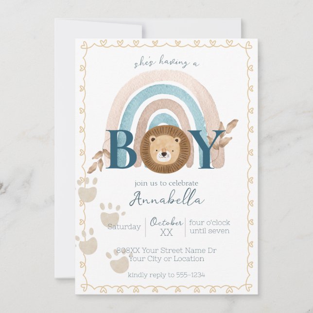 Niedlich Boho Baby Boy Lion Cub Pawprints Einladung (Vorderseite)