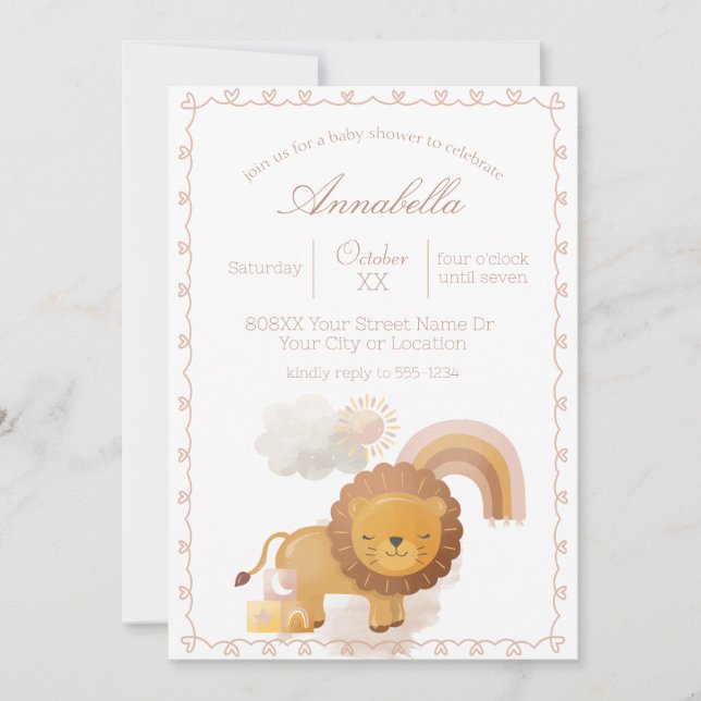 Niedlich Boho Baby Girl Lion und Rainbow Einladung (Vorderseite)