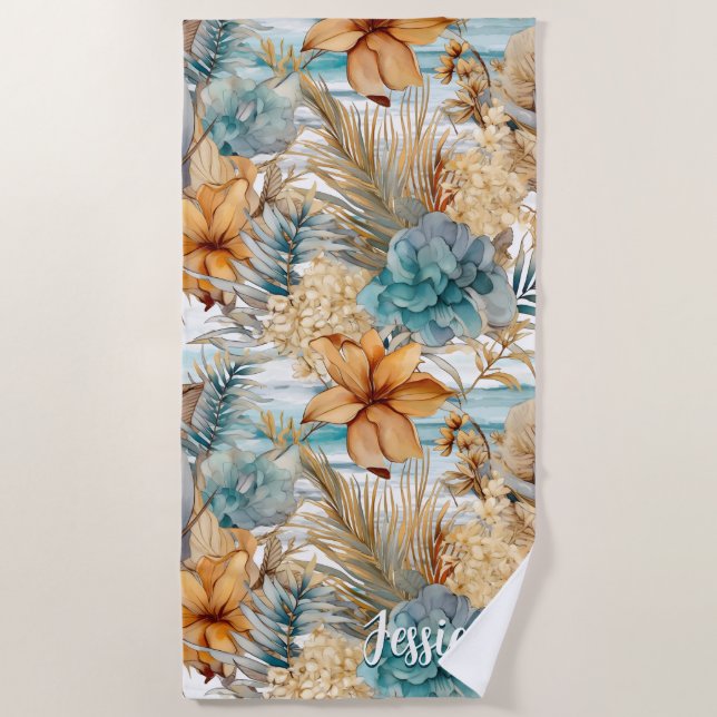 Niedlich Boho Beach Botanicals Blue Peach Florals Strandtuch (Vorderseite)