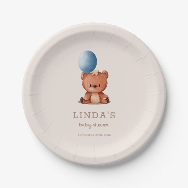 Niedlich Boho Bear Blue Balloon Babydusche Pappteller (Vorderseite)