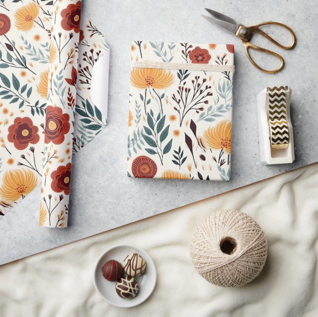 Niedlich Boho Blume Muster, Whimsical Floral Boho Geschenkpapier (Kunsthandwerk)