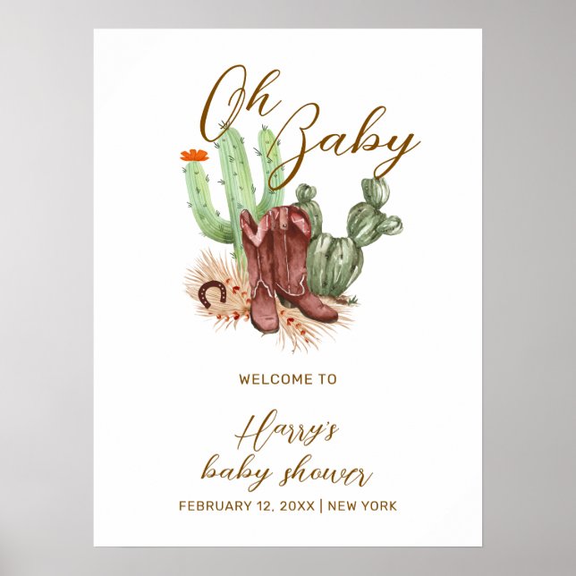 Niedlich Boho Cactus Cowboy Shoes Baby Dusche Empf Poster (Vorne)