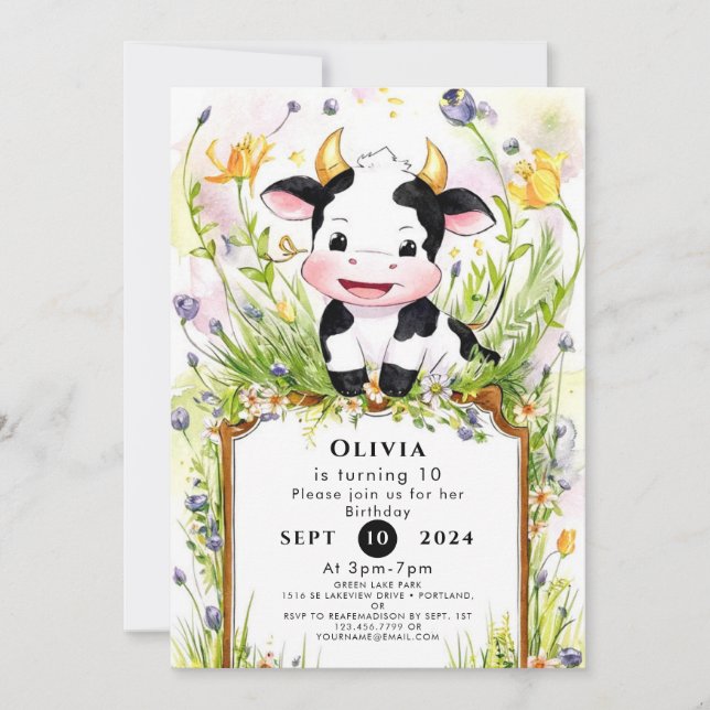 Niedlich Boho Cow Birthday Einladung (Vorderseite)