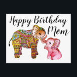 Niedlich Boho Elephant Happy Birthday Mother Postkarte<br><div class="desc">Eine niedliche Darstellung der Wasserfarbe von Mami und Babyelefant mit einem bunten Bohordmuster. Die Elefantenabbildungen sind handgemalt.</div>