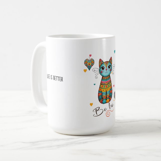 Niedlich Boho farbenfrohe Blumenkatze Kaffeetasse (Vorderseite Links)