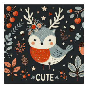 Niedlich Boho Herbst Robin Kranz Wall Decal Poster