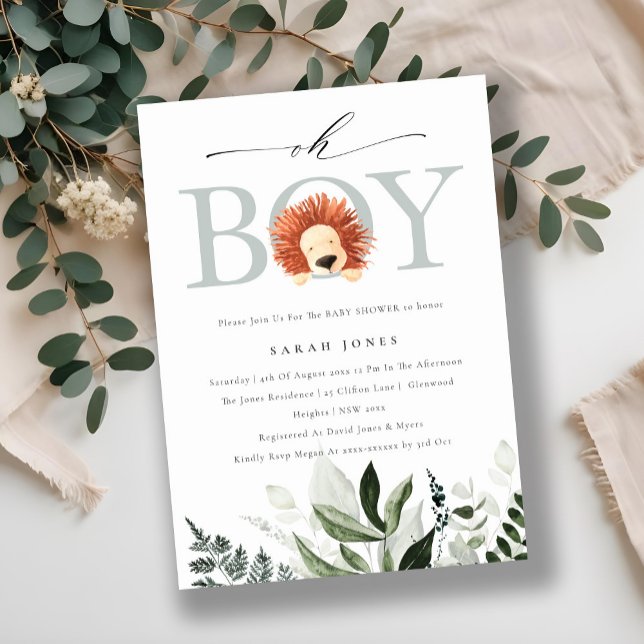 Niedlich Boho Lion Foliage Oh Boy Baby Showeinladu Dankeskarte (Von Creator hochgeladen)