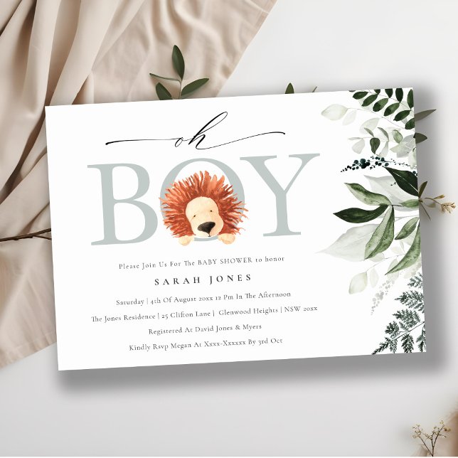 Niedlich Boho Lion Foliage Oh Boy Baby Showeinladu Dankeskarte (Von Creator hochgeladen)