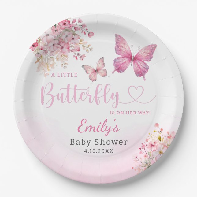 Niedlich Boho Pink Floral Butterfly Girl Babydusch Pappteller (Vorderseite)