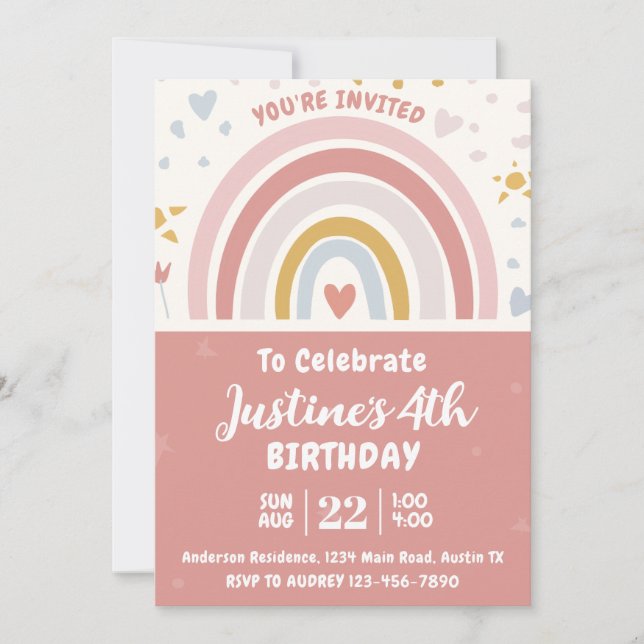 Niedlich Boho Rainbow Birthday Party Einladung (Vorderseite)