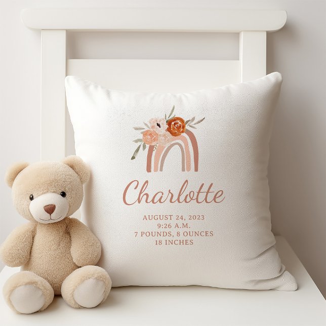Niedlich Boho Rainbow | Geburtsstunde des Neugebor Kissen (A cute, boho baby birth stats pillow with a terracotta rainbow and flowers)