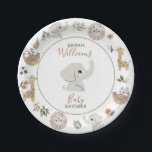 Niedlich Boho Safari Anamials Baby Dusche Pappteller<br><div class="desc">Mit dieser hübschen Boho Safari-Tier-Papiertafel mit handgemalten Dschungeltierpatten,  darunter ein Schlampe,  Giraffe,  Löwe und Elefant,  der in der Mitte mit handgeschriebener Schriftzeichen-Typografie auftaucht,  schaffen Sie die perfekte geschlechtsneutrale Babydusche-Tischumgebung. Copyright Elegant Invites,  alle Rechte vorbehalten.</div>