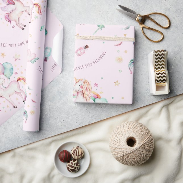 Niedlich Boho Unicorns Blumenpinke Babydusche Geschenkpapier (Kunsthandwerk)