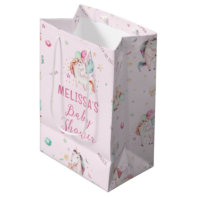 Niedlich Boho Unicorns Blumenpinke Babydusche Mittlere Geschenktüte (Vorderseite Schrägansicht)