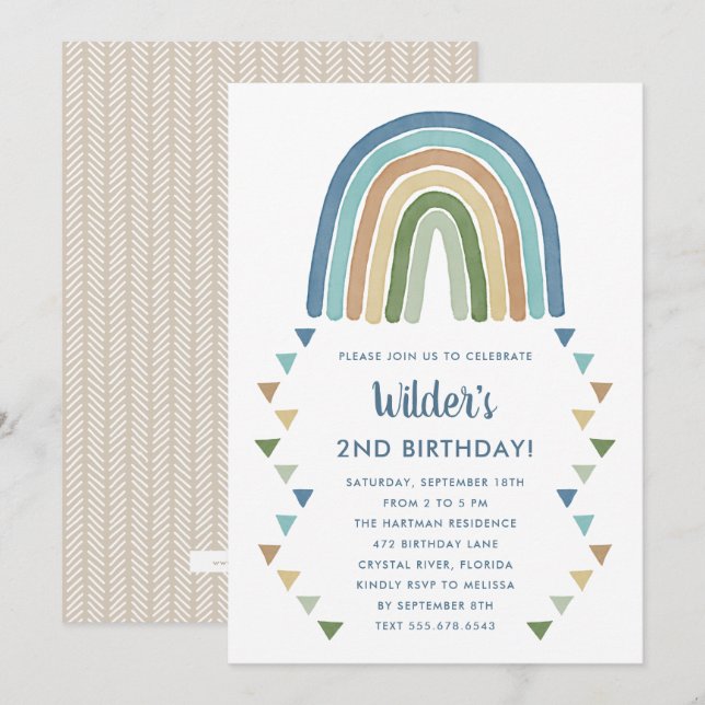 Niedlich Boho Watercolor Rainbow Birthday Blue Einladung (Vorne/Hinten)