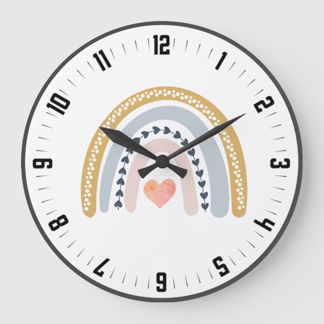 Niedlich Boho Watercolor Rainbow Kinderzimmer Große Wanduhr (Vorderseite)