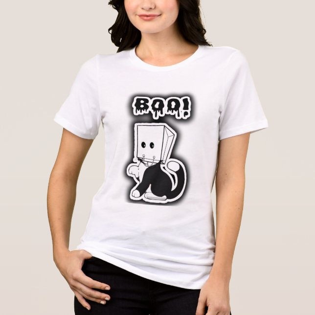 Niedlich "Boo!" Schwarze Katze mit Papiertütenmask Tri-Blend Shirt (Vorderseite)