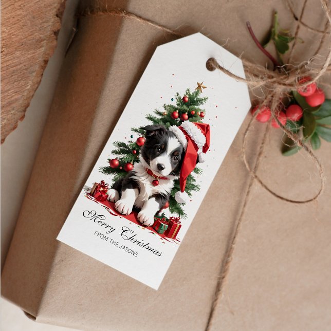 Niedlich Border Collie Christmas Welpe Personalisi Geschenkanhänger (Cute Border Collie Christmas Puppy Gift Tag)