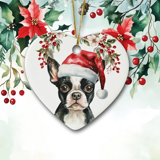 Niedlich Boston Terrier Dog Holly Berry Weihnachte Keramik Ornament (Von Creator hochgeladen)