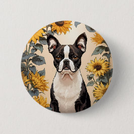 Niedlich Boston Terrier Gelbe Sonnenblumen Button