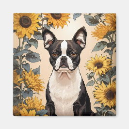 Niedlich Boston Terrier Gelbe Sonnenblumen Magnet