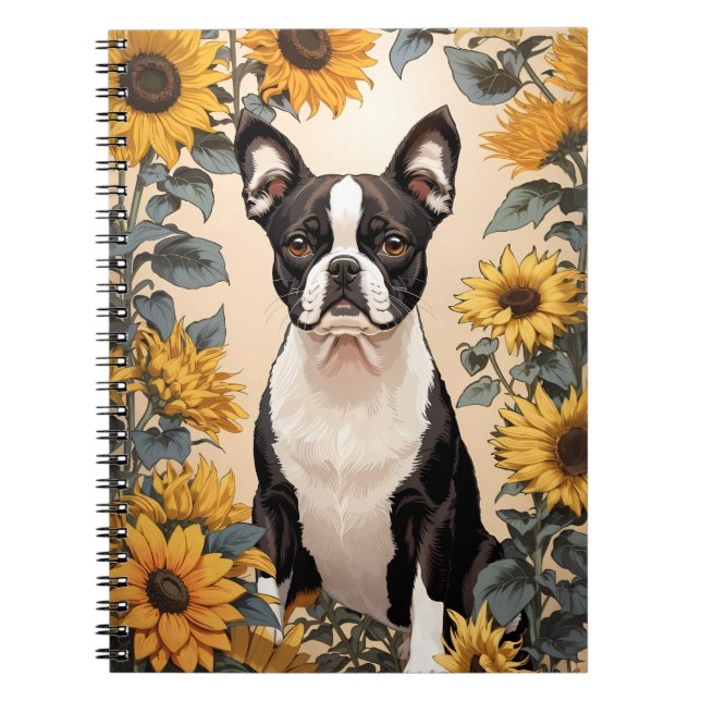 Niedlich Boston Terrier Gelbe Sonnenblumen Notizblock (Vorderseite)