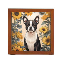 Niedlich Boston Terrier Gelbe Sonnenblumen