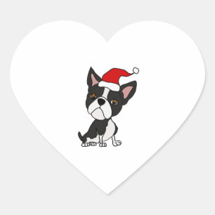 Niedlich Boston Terrier in Weihnachtsmannmütze Wei Herz-Aufkleber