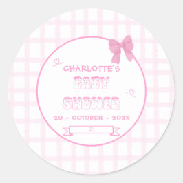 Niedlich Bow Pastel Pink Gingham Baby Dusche Runder Aufkleber