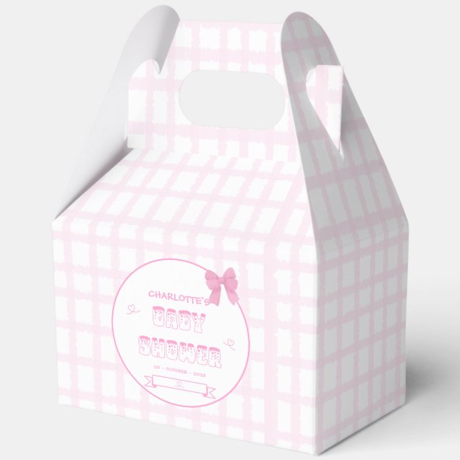 Niedlich Bow Pastel Pink Gingham Baby Duschkabine Geschenkschachtel (Vorderseite)