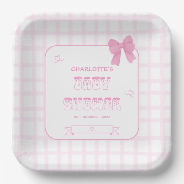 Niedlich Bow Pastel Pink Gingham Baby Showplatz Pappteller (Vorderseite)